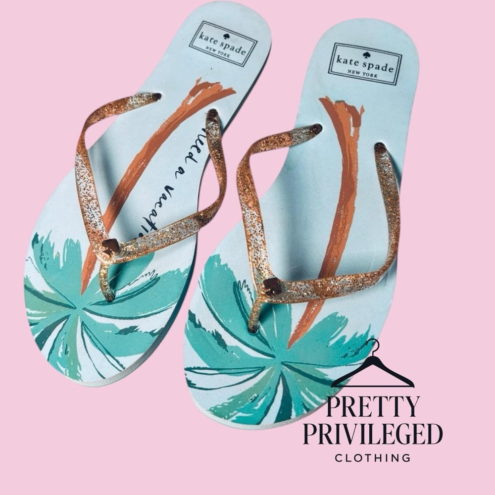 Kate Spade Gold Glitter Palm Tree Flip Flops